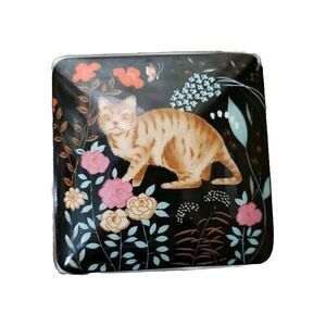 Vintage Ceramic Tabby Cat Trinket Box Square Painted Floral Made In Japan Kitten